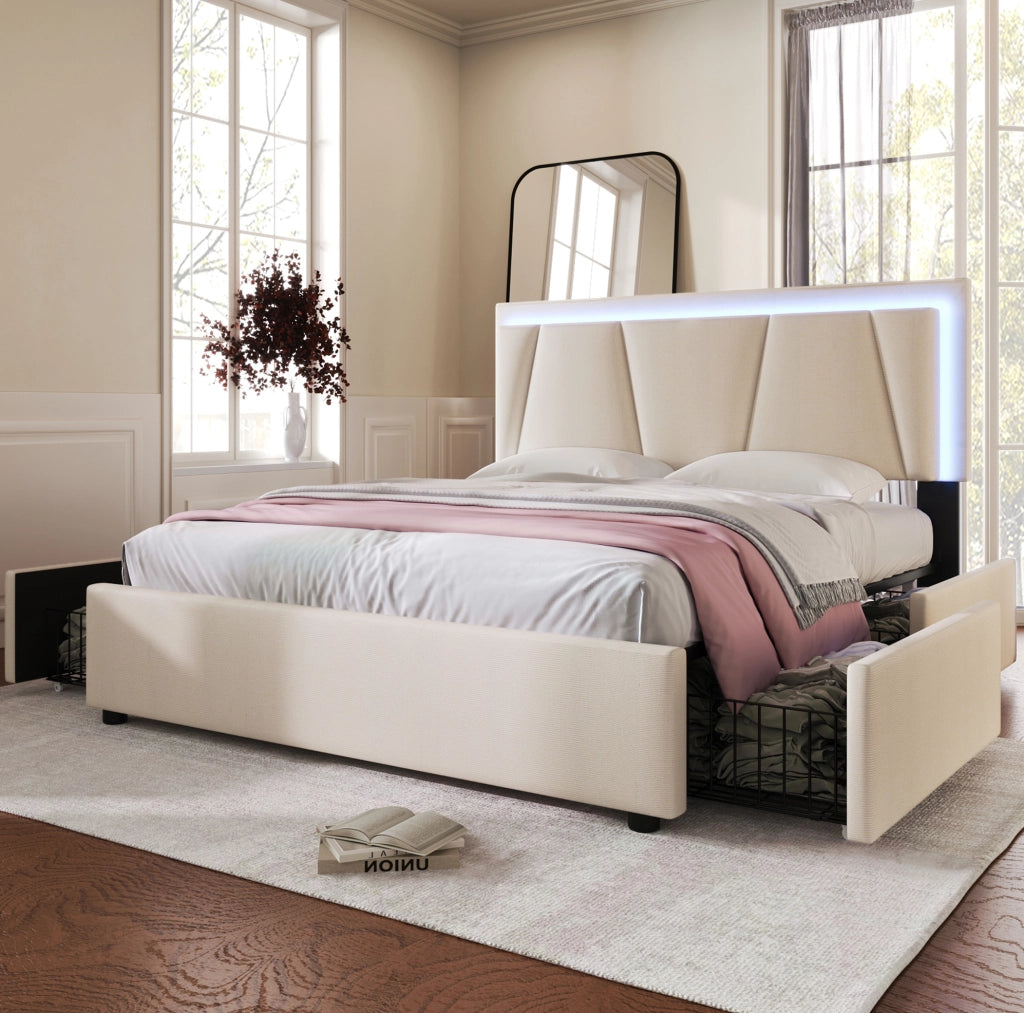 Letto matrimoniale 160x200 cm con testiera regolabile; LED e 4 cassetti; beige