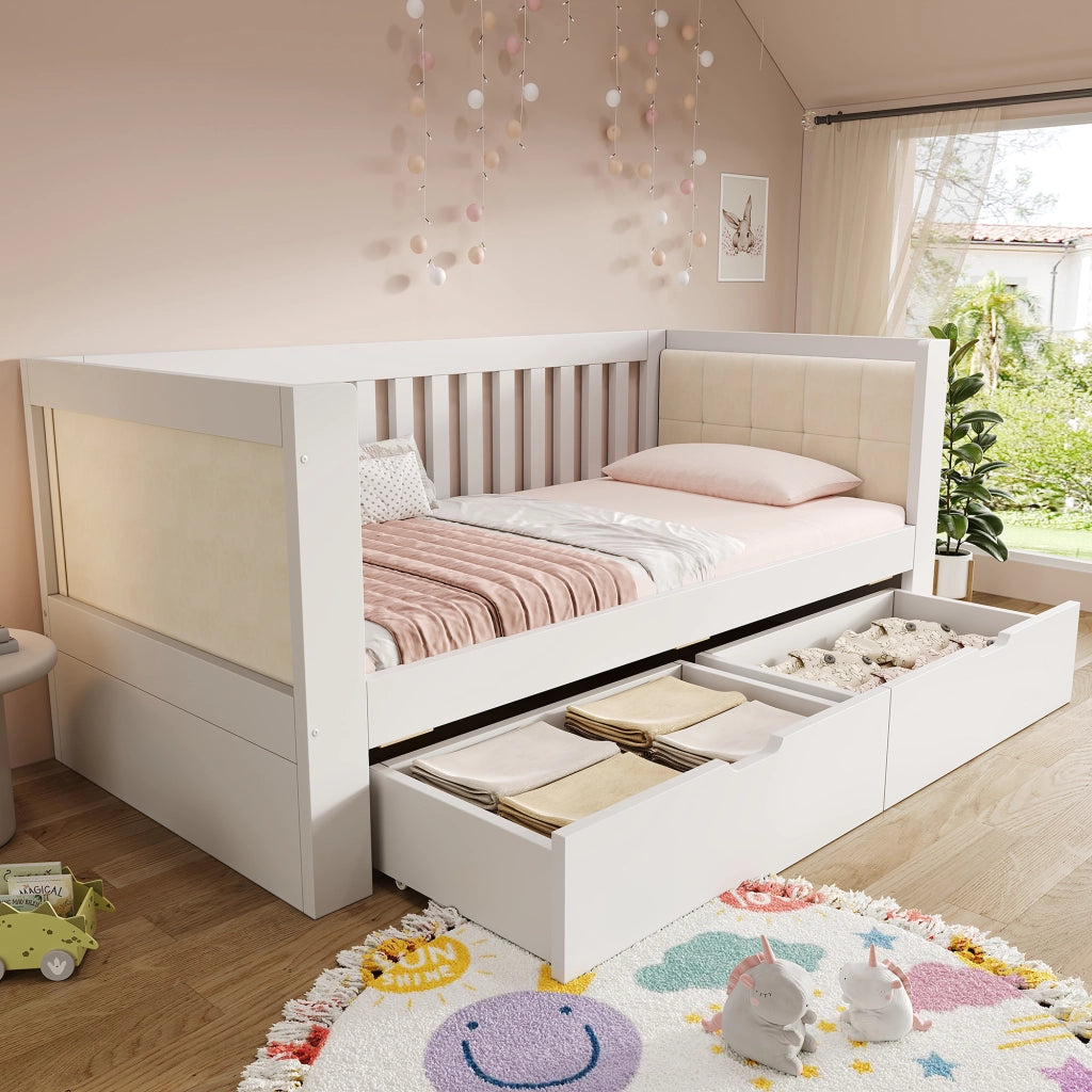 Divano letto con 2 cassetti 90x200 cm in legno bianco