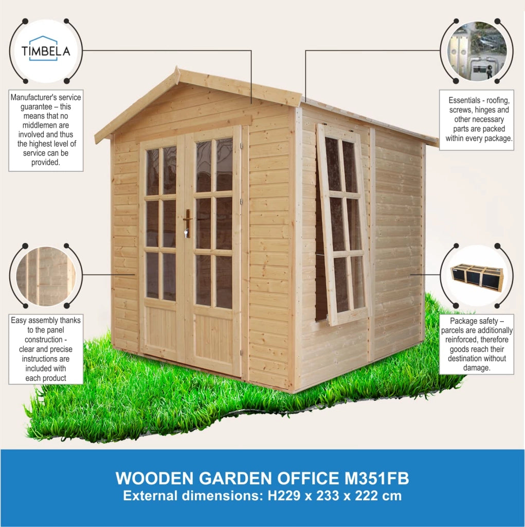 Ufficio in legno da giardino - W233xD222xH233cm - con tegole bituminose - TIMBELA M351FB+H351FBRED