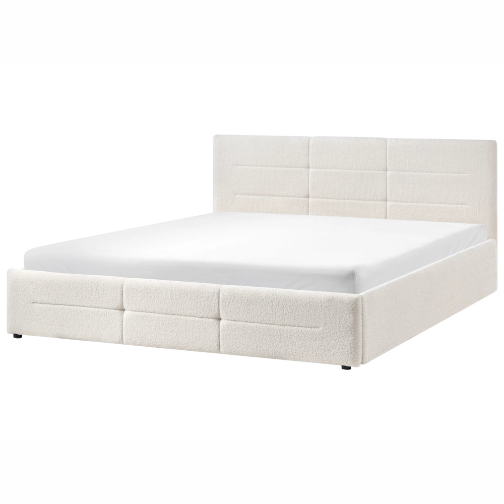 Letto ottomano bianco sporco bouclé 180x200 cm con testiera sollevabile e base a doghe Design moderno