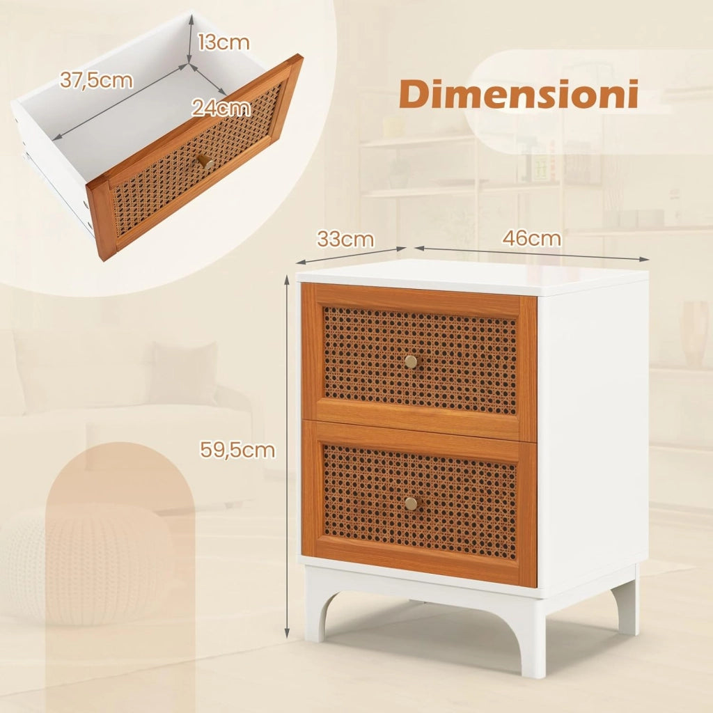 Comodino in Legno con 2 Cassetti, Tavolino Boho con 2 Cassetti Decorati in Rattan Intrecciato, Comodino con Gambe in Legno Massello, per Camera da Letto e Soggiorno, 46 x 33 x 59,5 cm