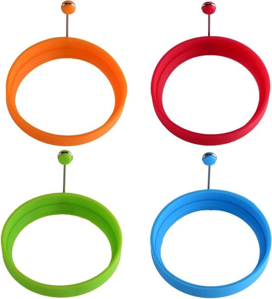 Set di 4 anelli in silicone per cottura di uova e pancake - Anelli antiaderenti con manico (Rosso, Arancione, Blu, Verde)