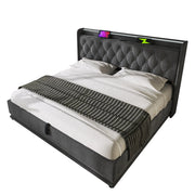 Letto matrimoniale 140x200 contenitore idraulico imbottito grigio in lino con LED e USB-C