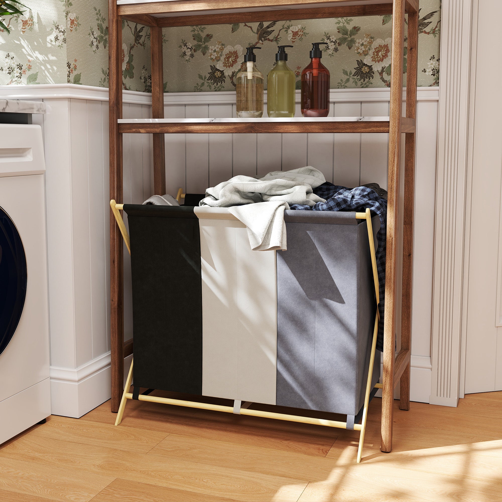 Cesto Portabiancheria Pieghevole 75x48x67 cm a 3 Scomparti in Bambù e Tessuto Effetto Lino Multicolore