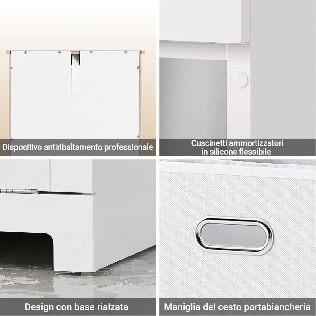 Mobiletto Bagno Salvaspazio con Cassetto e Cesto Portabiancheria Estraibile - Armadietto Stretto Verticale per Bagno Piccolo o Lavanderia - Mobile Bagno in MDF Bianco, L40×P38×H90 cm, BZR21-II-W