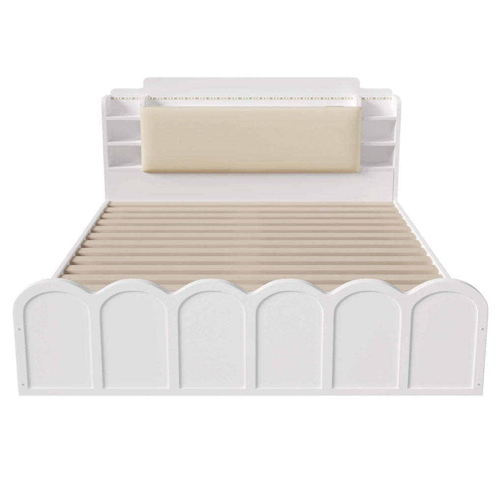 Letto a una piazza e mezza 140x200 cm con contenitore idraulico; LED e porte USB; bianco