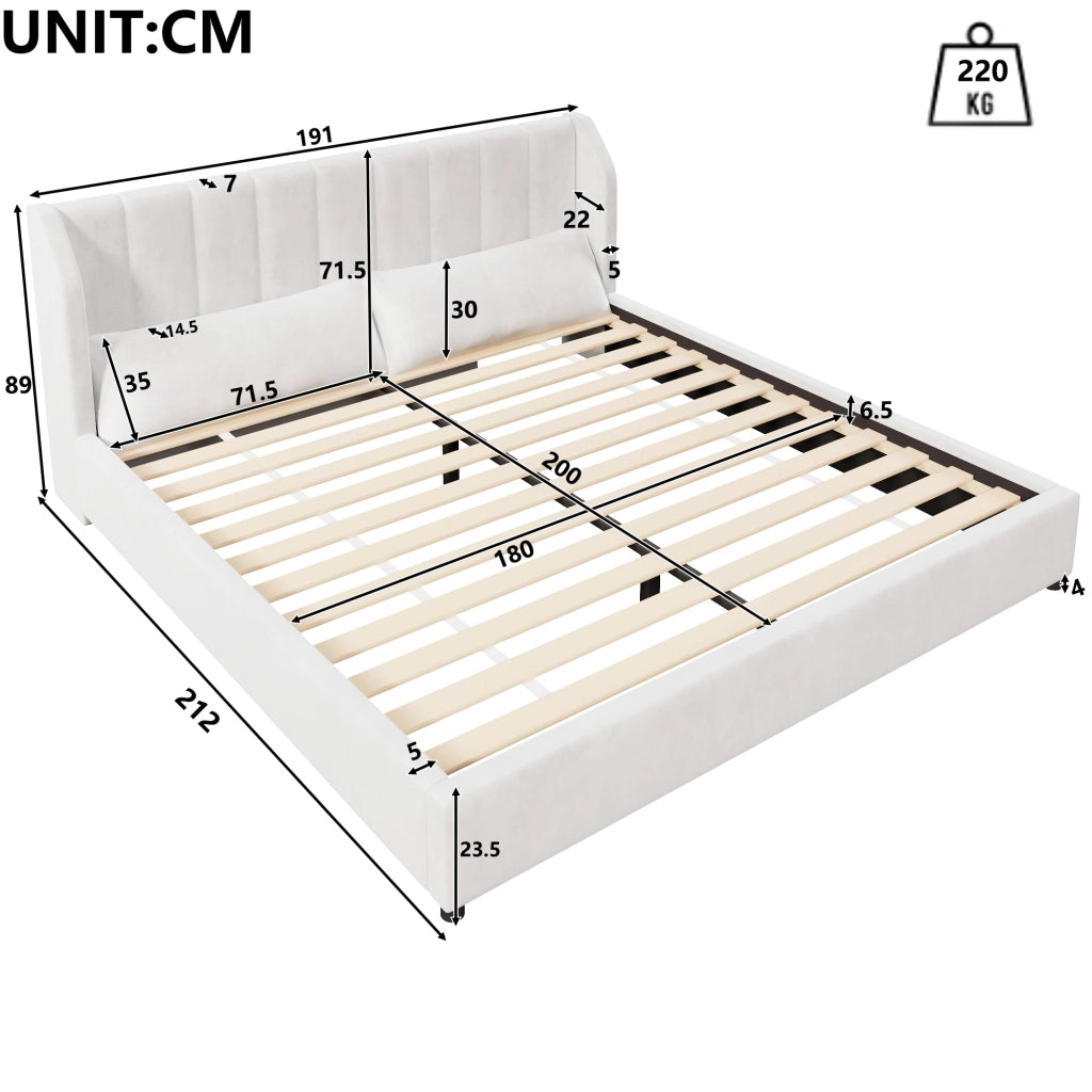 Letto matrimoniale 180 × 200 cm con testiera imbottita e 2 cuscini, senza materasso, in velluto, beige