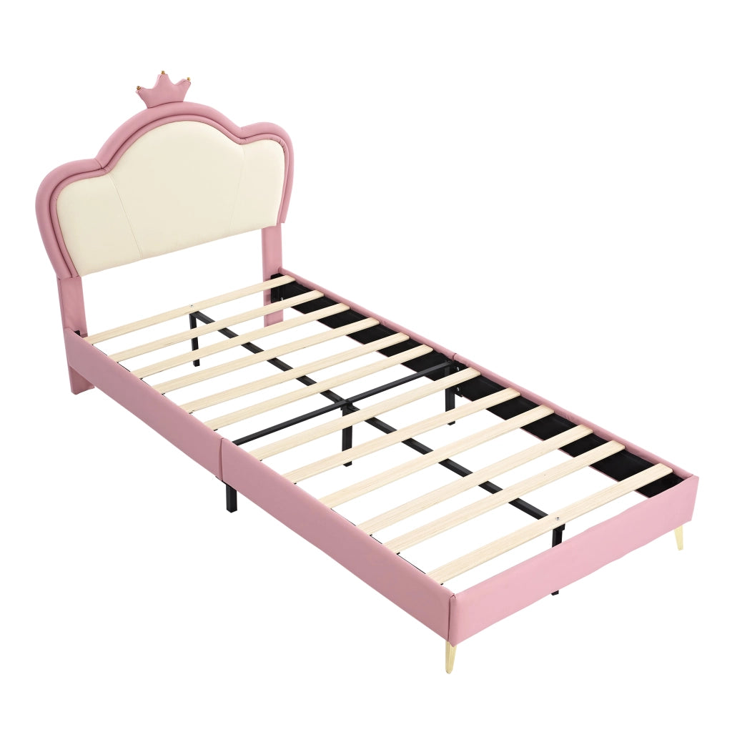 Lit enfant rembourré 90x200 cm rose et blanc avec tête de lit couronne; protection douce et structure stable
