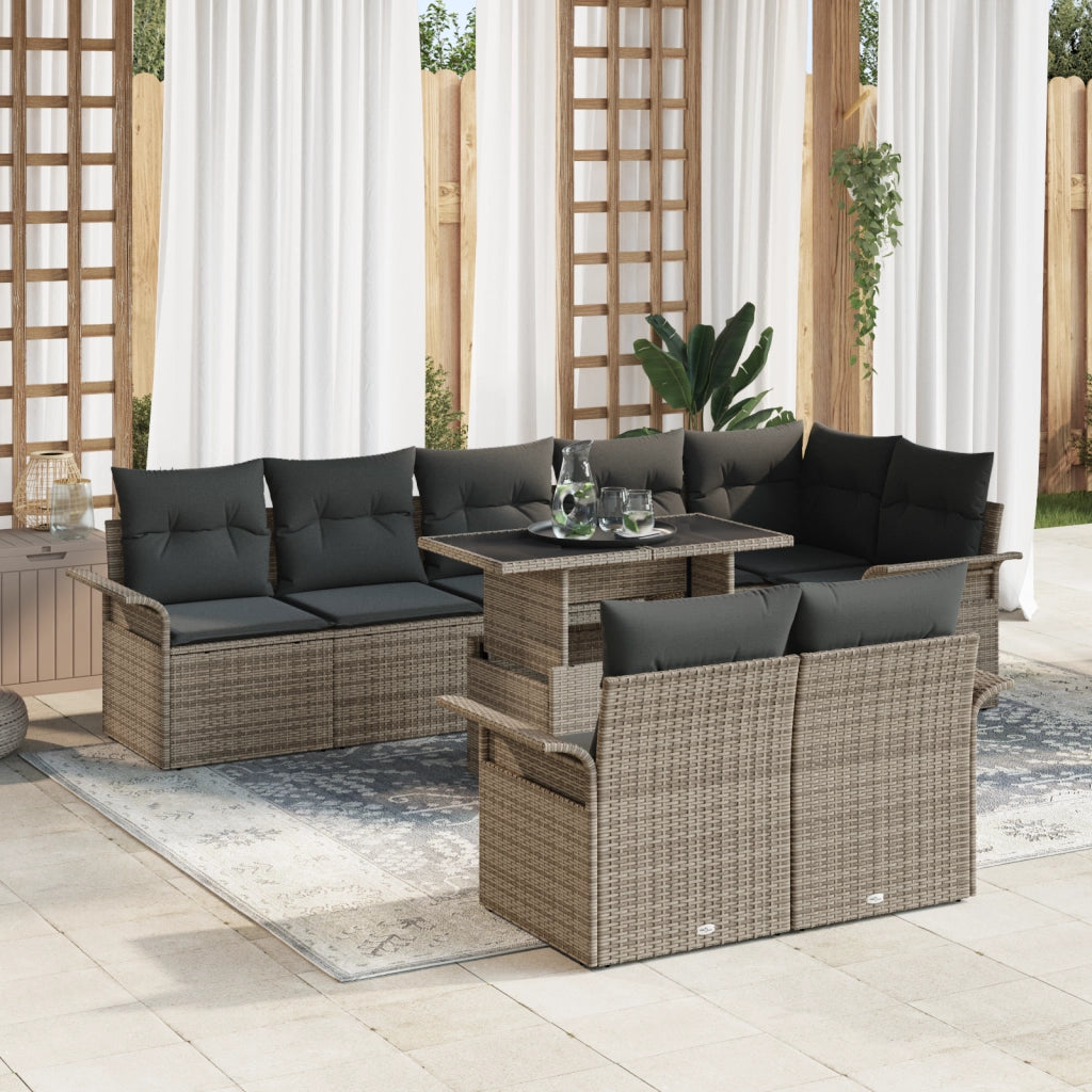 Set da Giardino a 9 Pezzi con Cuscini Grigio in Polyrattan