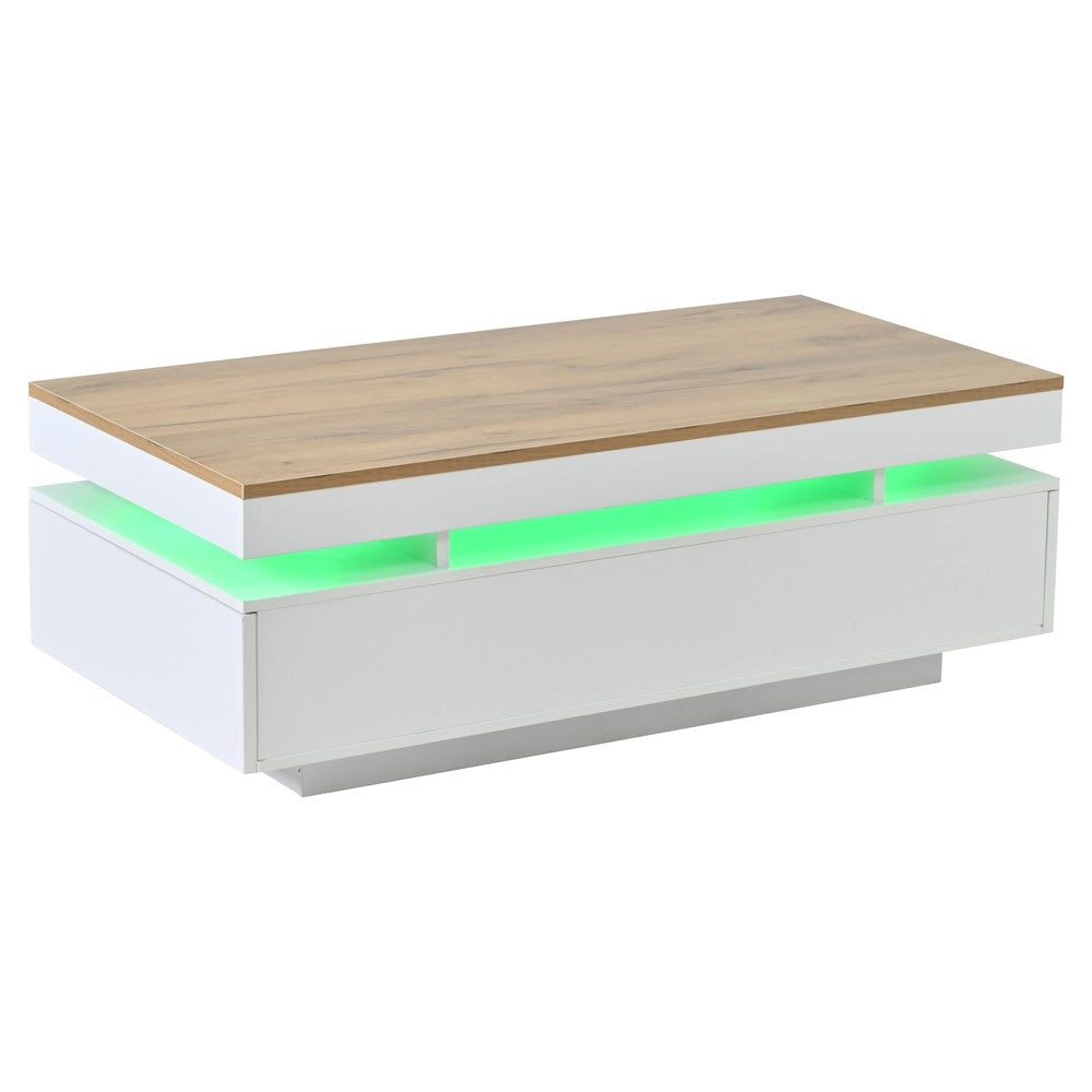 Tavolino da Caff¨¨ con 2 Cassetti e LED ¨C MINIMAL ¨C Bianco/Legno, 100x50x35