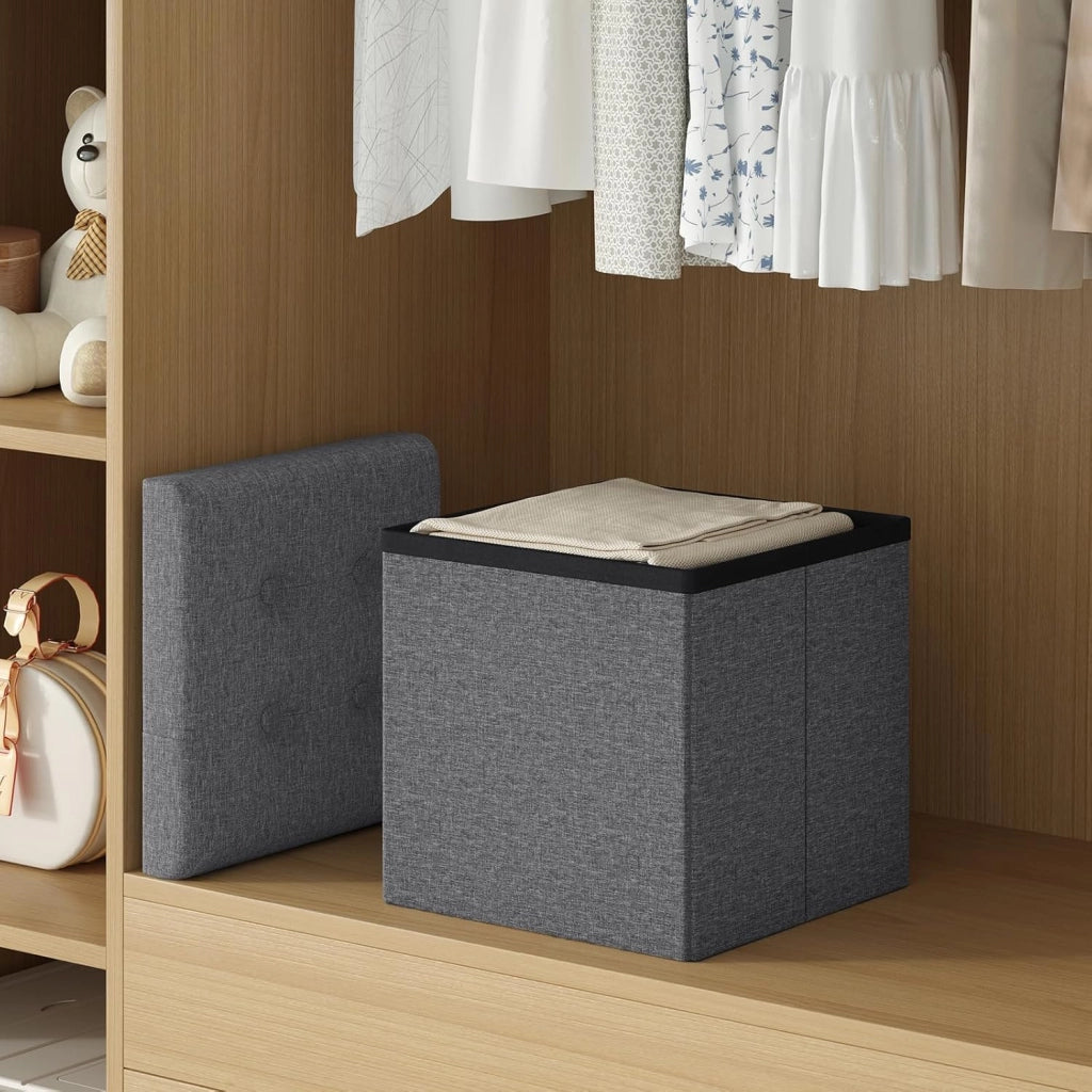 Pouf con Contenitore, Puffo Pieghevole con Coperchio, Poggiapiedi Divano, Cubo Seduta con Ripiano, per Soggiorno o Camera da Letto, 30x30x30 cm, Grigio Scuro