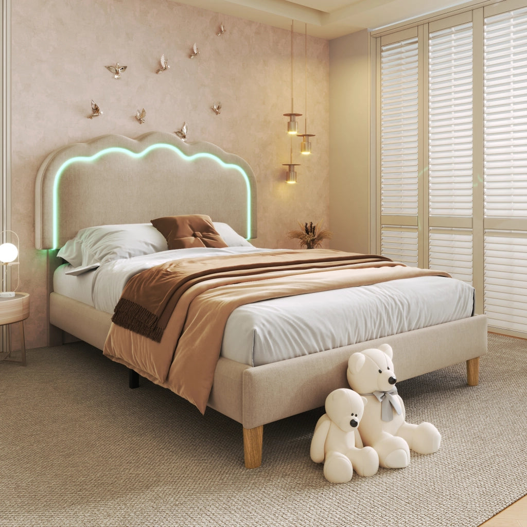 Letto Singolo 90 × 200 cm con Testiera Regolabile e LED; senza Materasso; in Lino; Beige