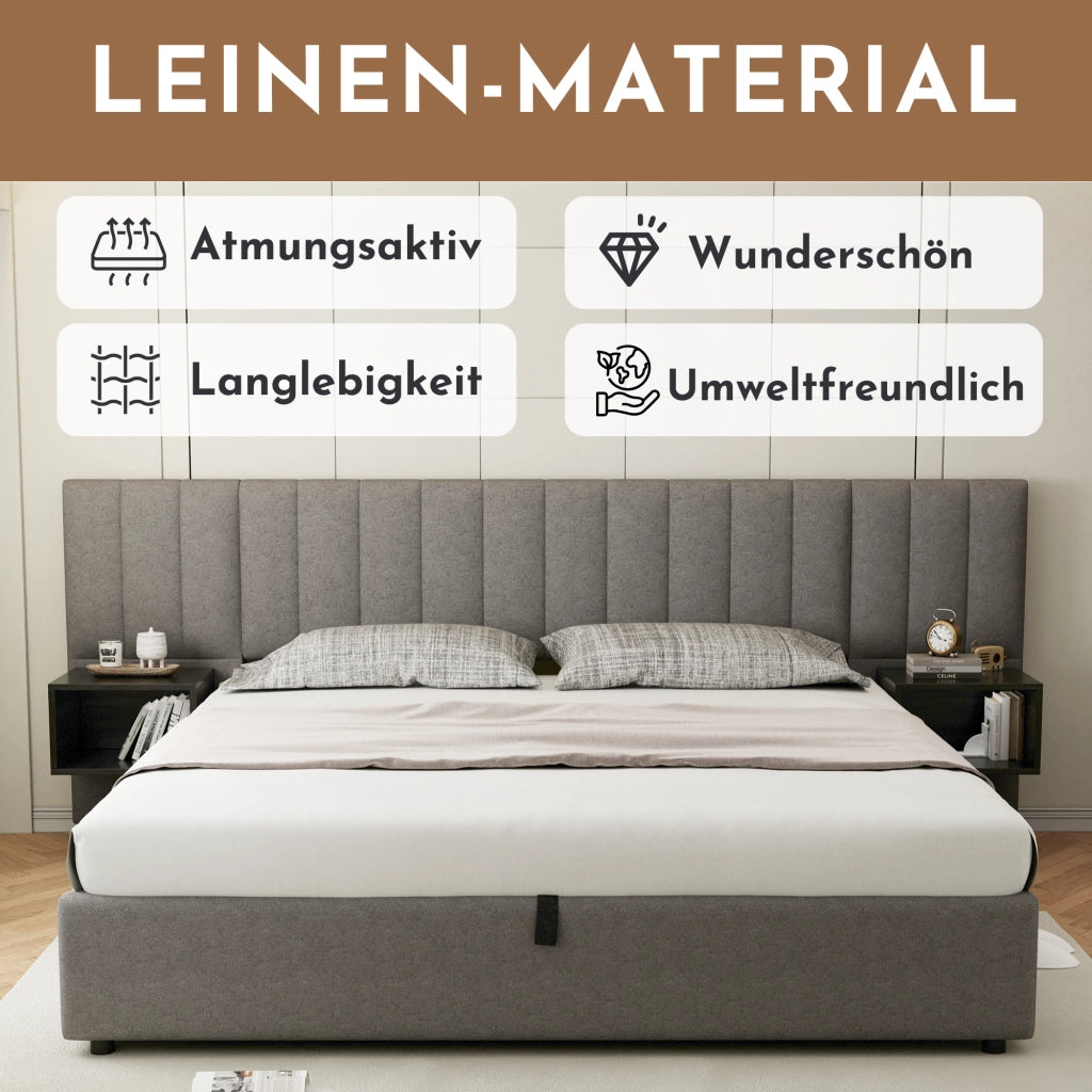 OKWISH Letto contenitore 160×200 cm, Letto Matrimoniale con Sollevamento Idraulico, 2 Comodini e Doghe in Legno, senza Materasso, Lino Grigio Nero