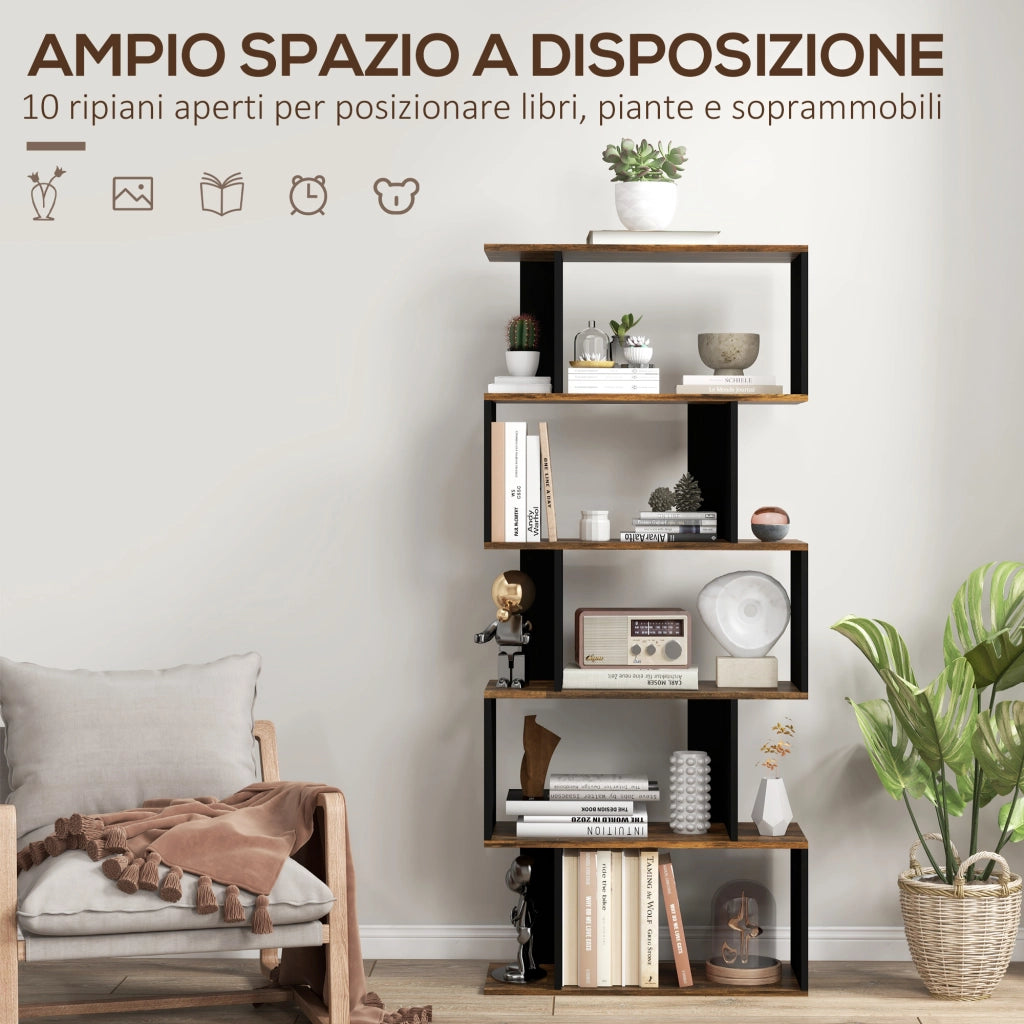 Libreria Moderna Asimmetrica a Parete con 5 Ripiani in Legno, 70x29.5x163cm, Marrone Rustico