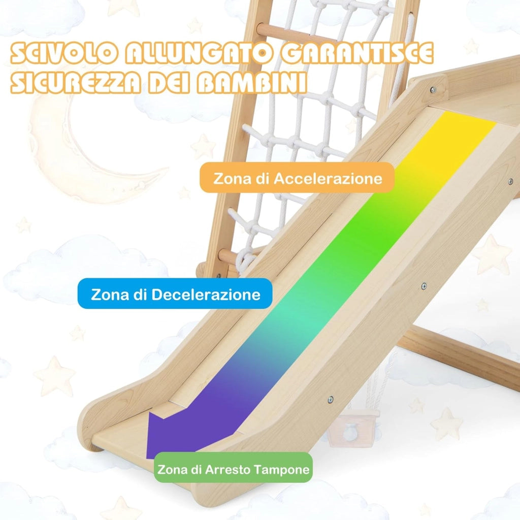 6 in 1 Set Arrampicata per Bambini, Palestra in Legno con Barre di Scimmia Scivolo Corda e Scale in Legno, Parco Giochi per Bambini 1+ Anni (Naturale)