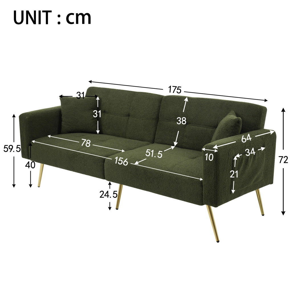 Divano letto convertibile con schienale reclinabile; 175x64x72 cm; in tessuto sherpa verde