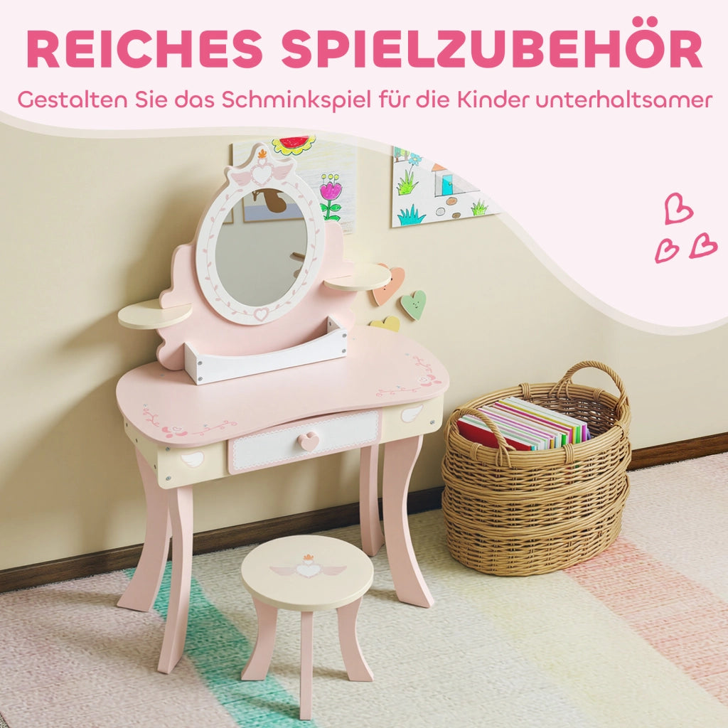 Toeletta bambini con sedia e cassetto ¨C Xylo ¨C rosa MDF con specchio removibile e 7 accessori