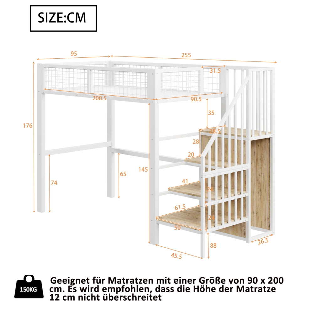 Letto a soppalco 90×200 cm; letto singolo con scala; armadio e vani portaoggetti; senza materasso; metallo; Bianco