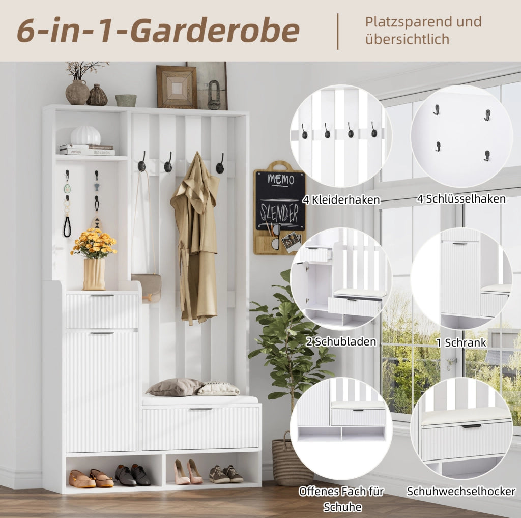 Guardaroba da ingresso 6 in 1 100 x 30 x 180 cm con 8 ganci; cassetti e panca; bianco