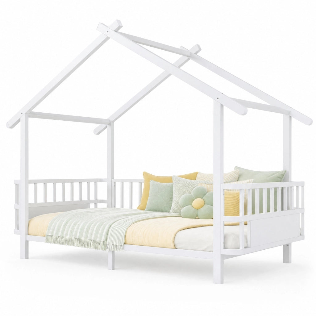 Letto per bambini in metallo a forma di casa 90x200 cm con sponde di sicurezza; bianco