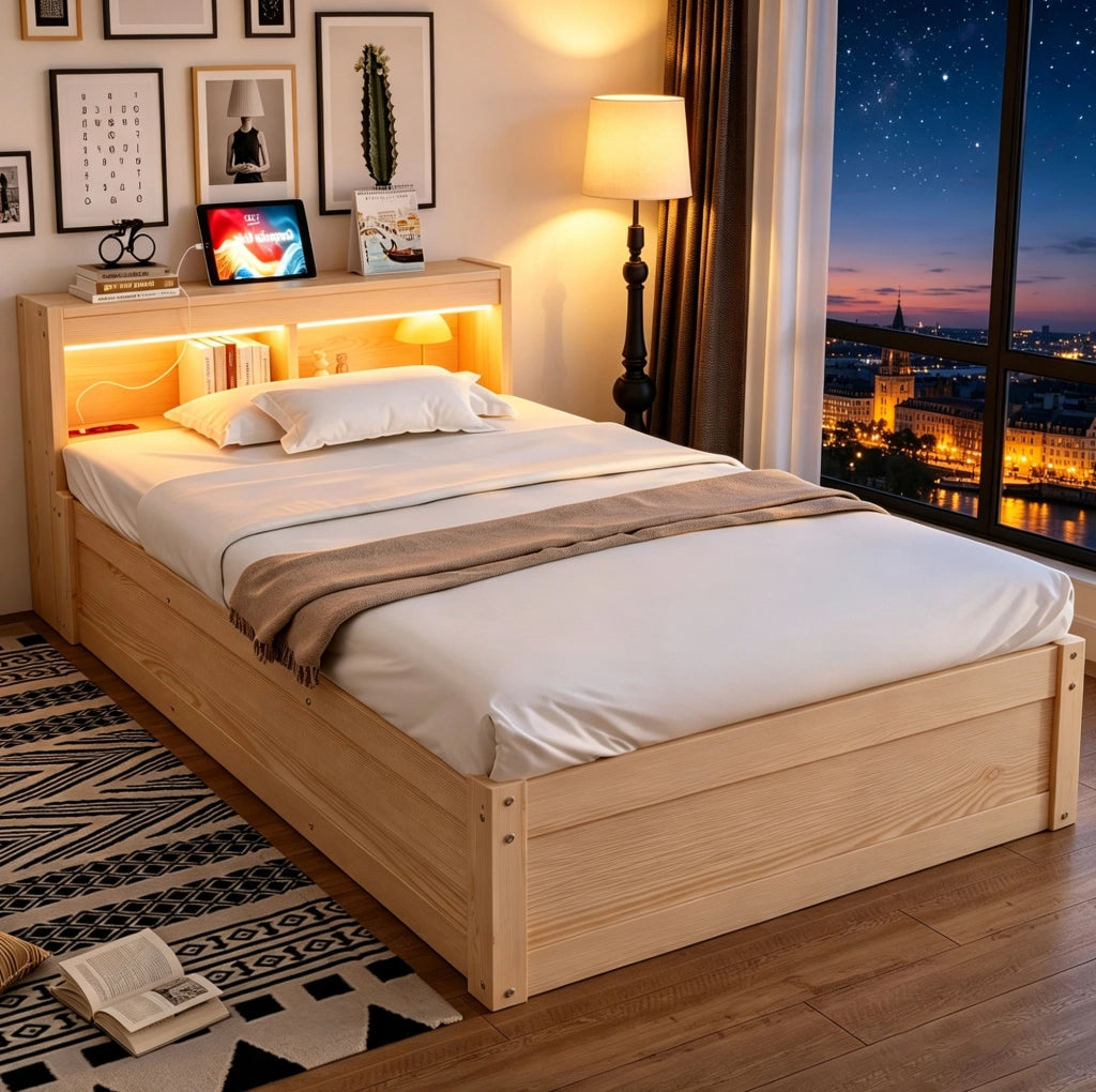 Letto singolo multifunzionale 90x200 cm con LED, presa integrata e vano contenitore