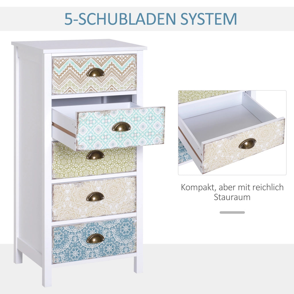 Cassettiera con 5 cassetti e protezione antiribaltamento, stile shabby chic, per soggiorno e camera, in MDF multicolore
