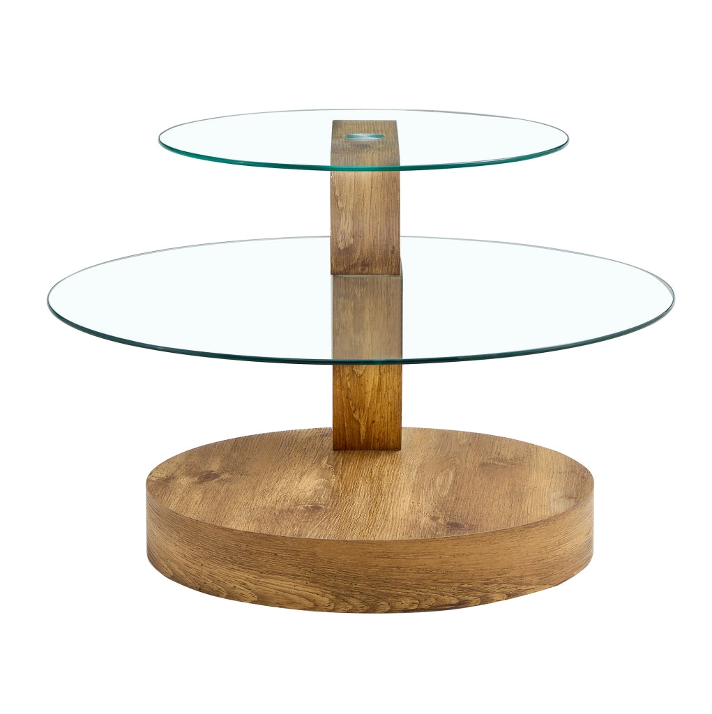 Tavolino da caffè moderno in vetro temperato con supporto in MDF e design multi-livello, finiture effetto legno