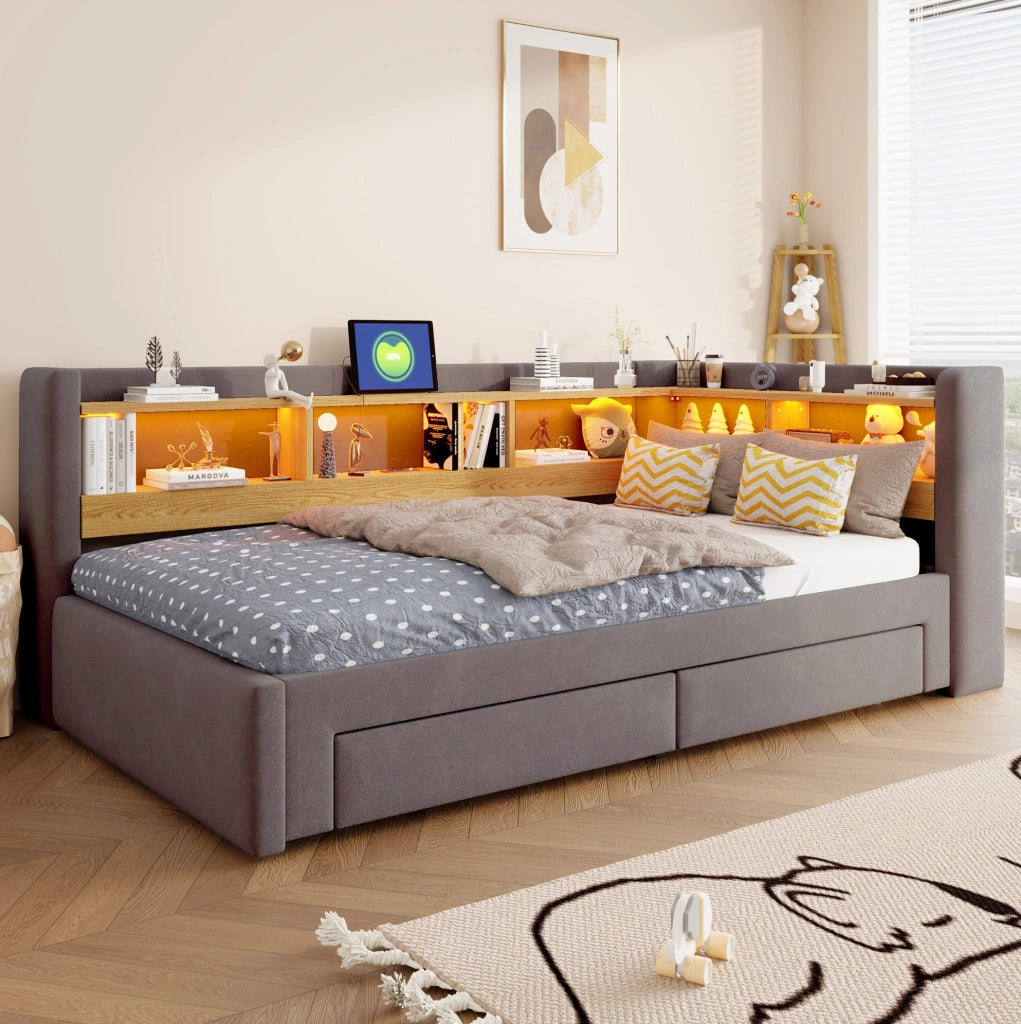 Divano letto estraibile 3 in 1 90x200 cm con cassetti; LED e presa; grigio