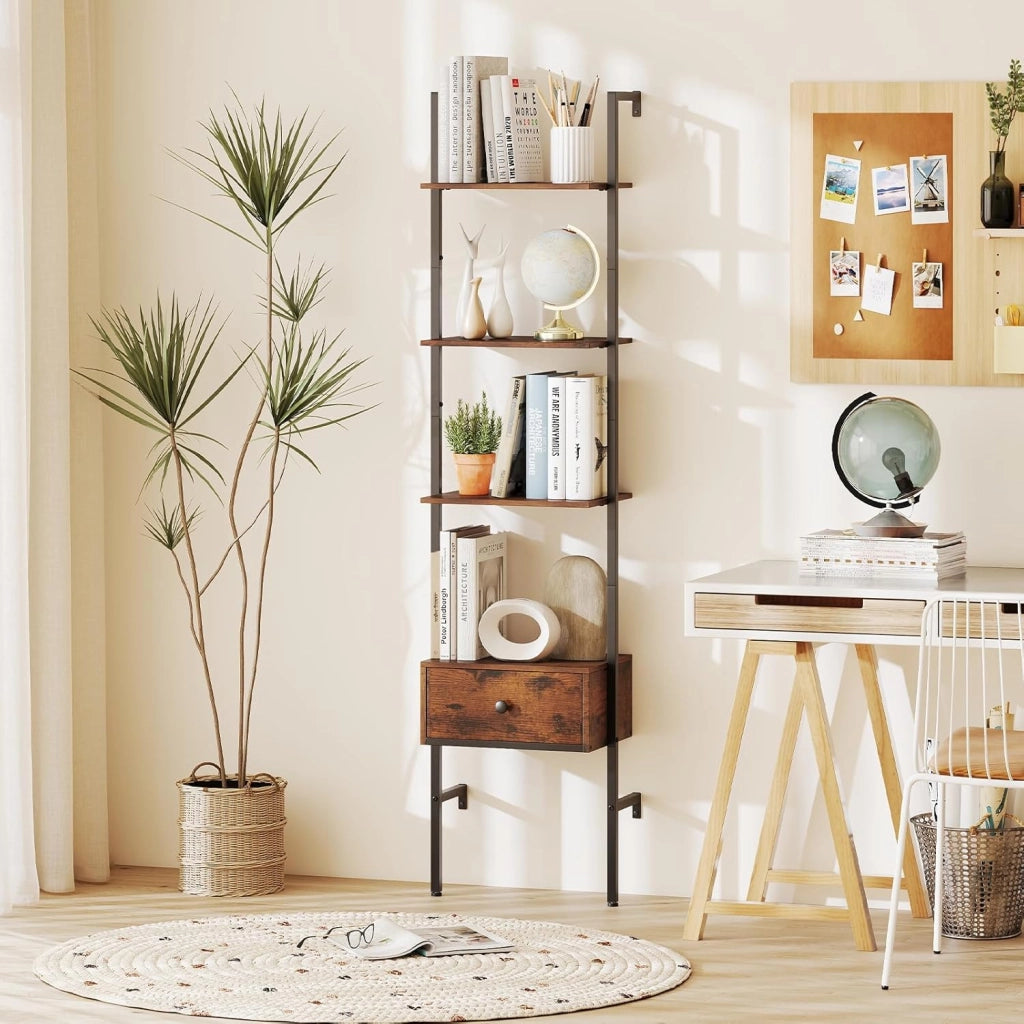 Libreria a Scala a 5 Ripiani con Cassetto in Tessuto, Scaffale da Parete Salvaspazio in Legno, Scaffale Portaoggetti per Soggiorno, Studio e Camera da Letto, 43 x 30 x 178 cm, Marrone