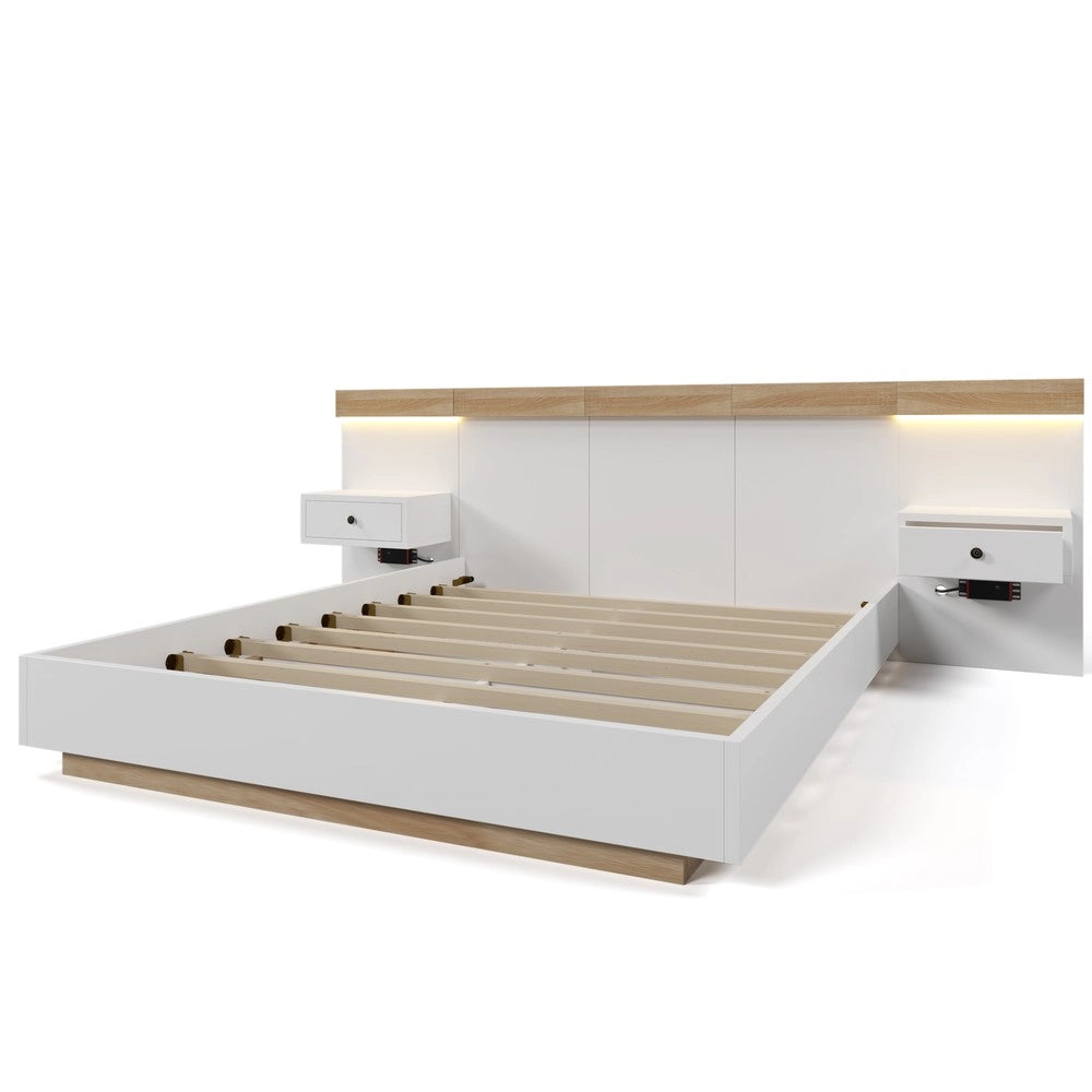 Letto Matrimoniale in Legno con 2 Comodini LED e USB ¨C MINIMAL ¨C Rovere Sonoma/Bianco 180x200