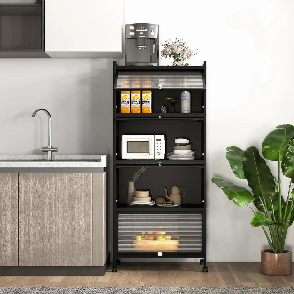 Mobile Dispensa Cucina a 5 Livelli, Mensola Microonde con Anta a Vista, Ruote, Dispositivo Antiribaltamento, Scaffale da Cucina in Ferro per Soggiorno, Sala da Pranzo, 60x32x154cm (Nero)