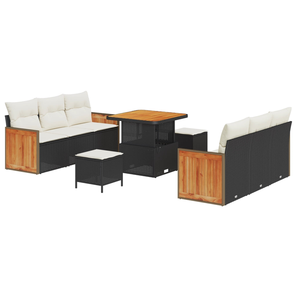 Set Divano Giardino 9 Pezzi Cuscini Nero Polyrattan Acacia
