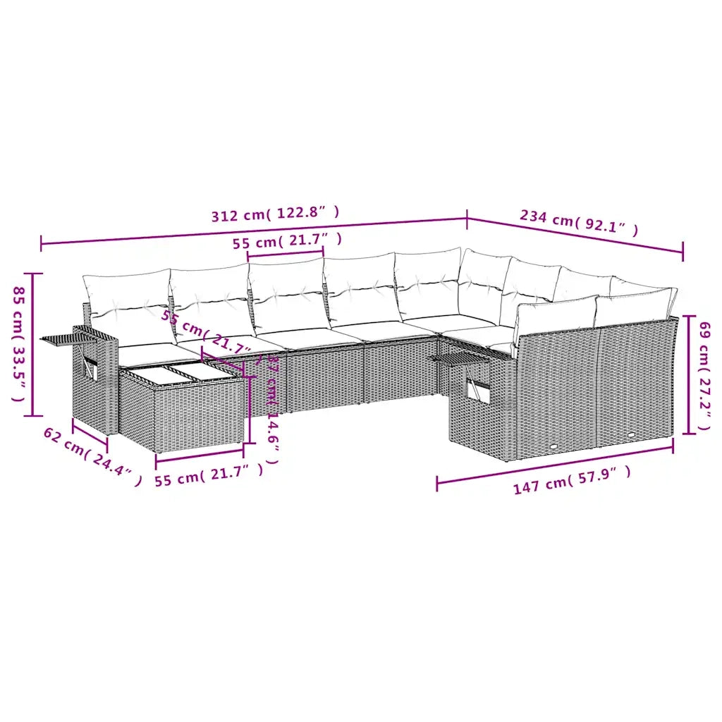 Set Divani da Giardino 10pz con Cuscini in Polyrattan Marrone