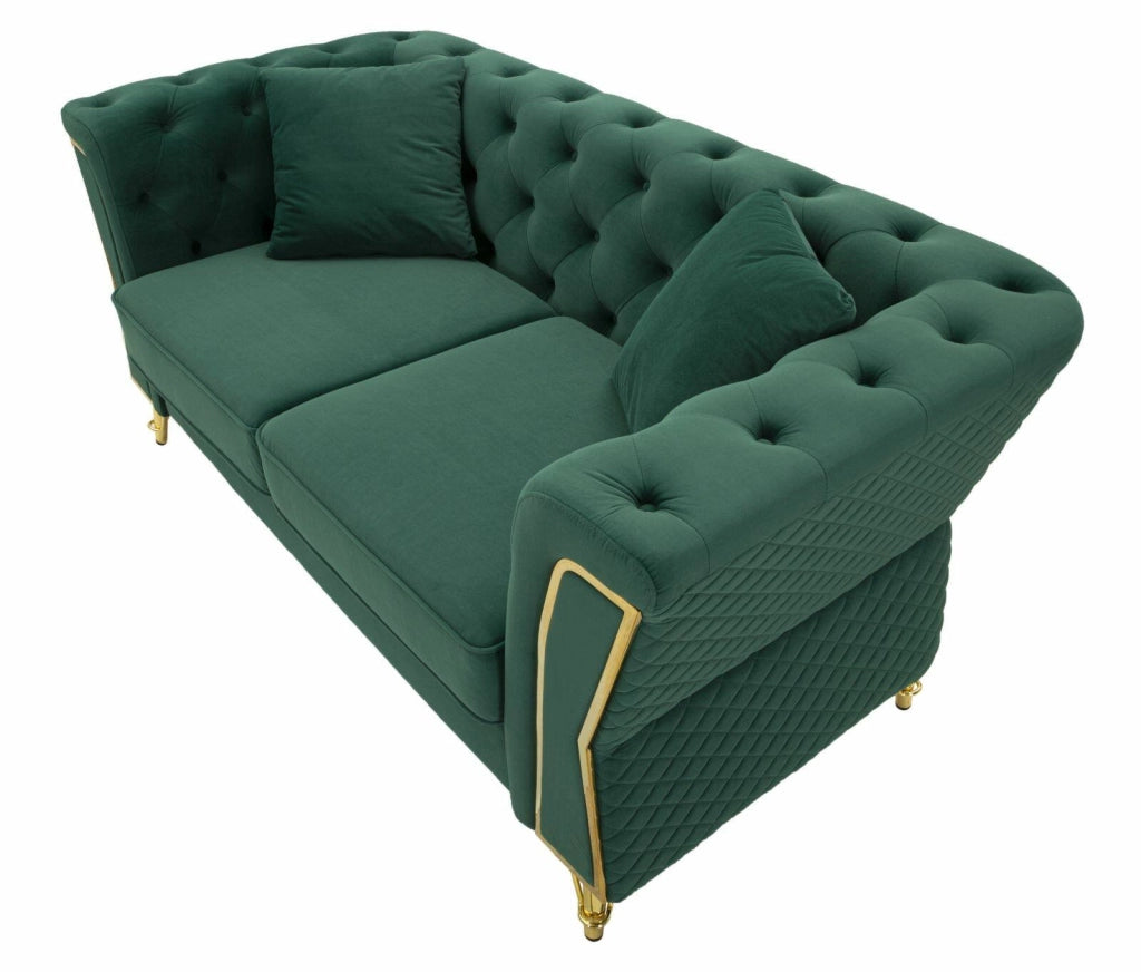 Divano fisso 2 posti Casio, Sofà dritto, Divanetto per salotto, Poltrona matrimoniale, 162x83 h76 cm, Verde e Oro