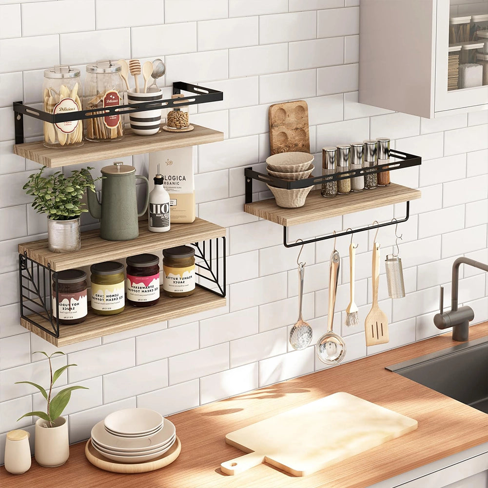 Kit 3 Mensole da Parete Legno e Metallo Noce Versatili Salvaspazio Cucina Bagno Camera