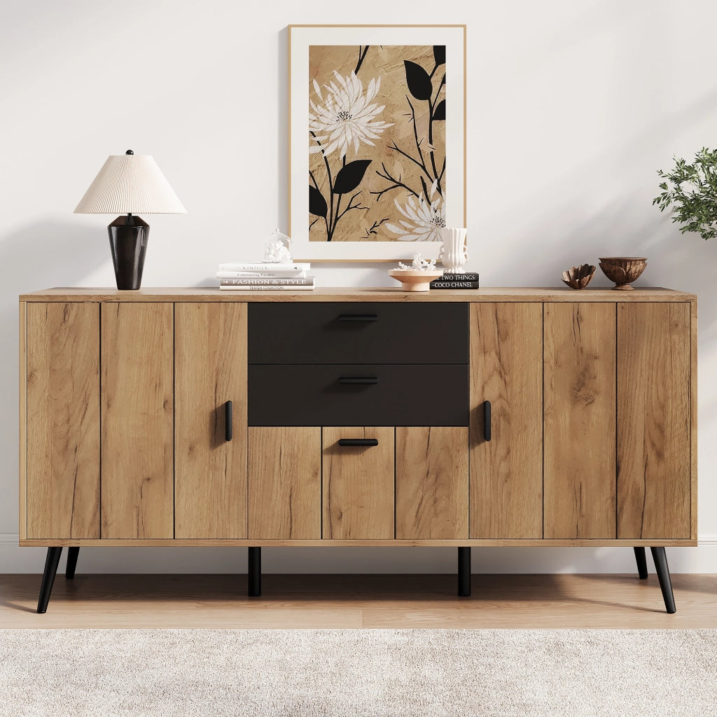 Sideboard moderno 140¡Á35¡Á67 cm con 2 cassetti, 3 ante e 7 vani portaoggetti, MDF, Nero/effetto legno