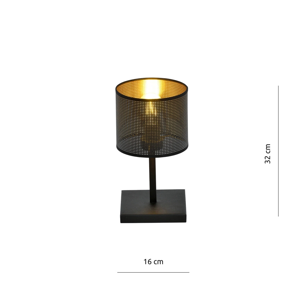 Lampada Da Tavolo 1 Luce Cigno In Acciaio Nero E Paralume A Cilindro Oro