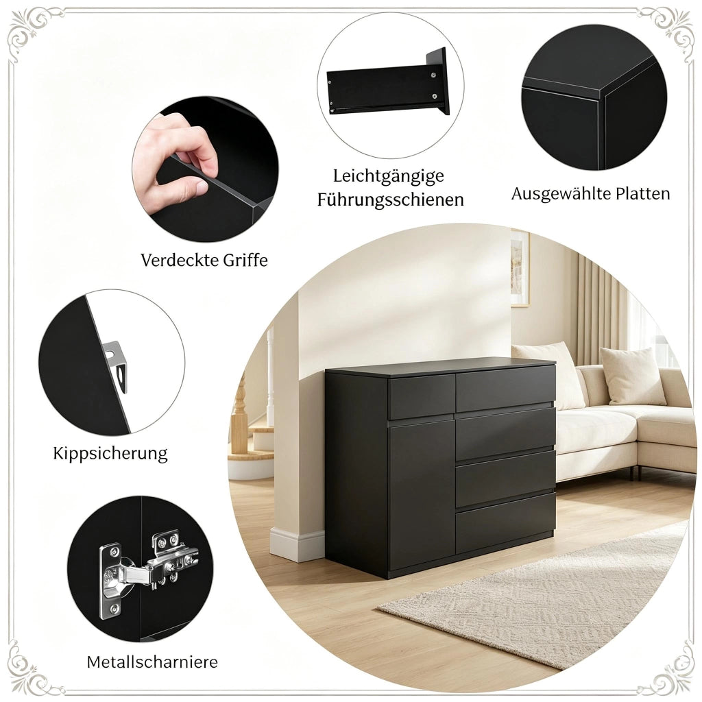 Cassettiera con 5 cassetti e 1 anta, ripiano regolabile e maniglie integrate, per camera e ingresso, 100×40×80 cm