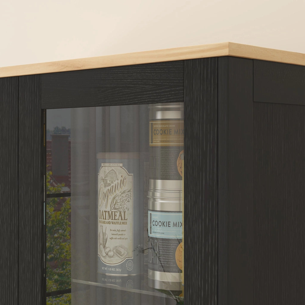 Credenza Stile Moderno Mobile Alto a 9 Ripiani Regolabili con Ante in Vetro 76x36x160 cm Nero e color Legno