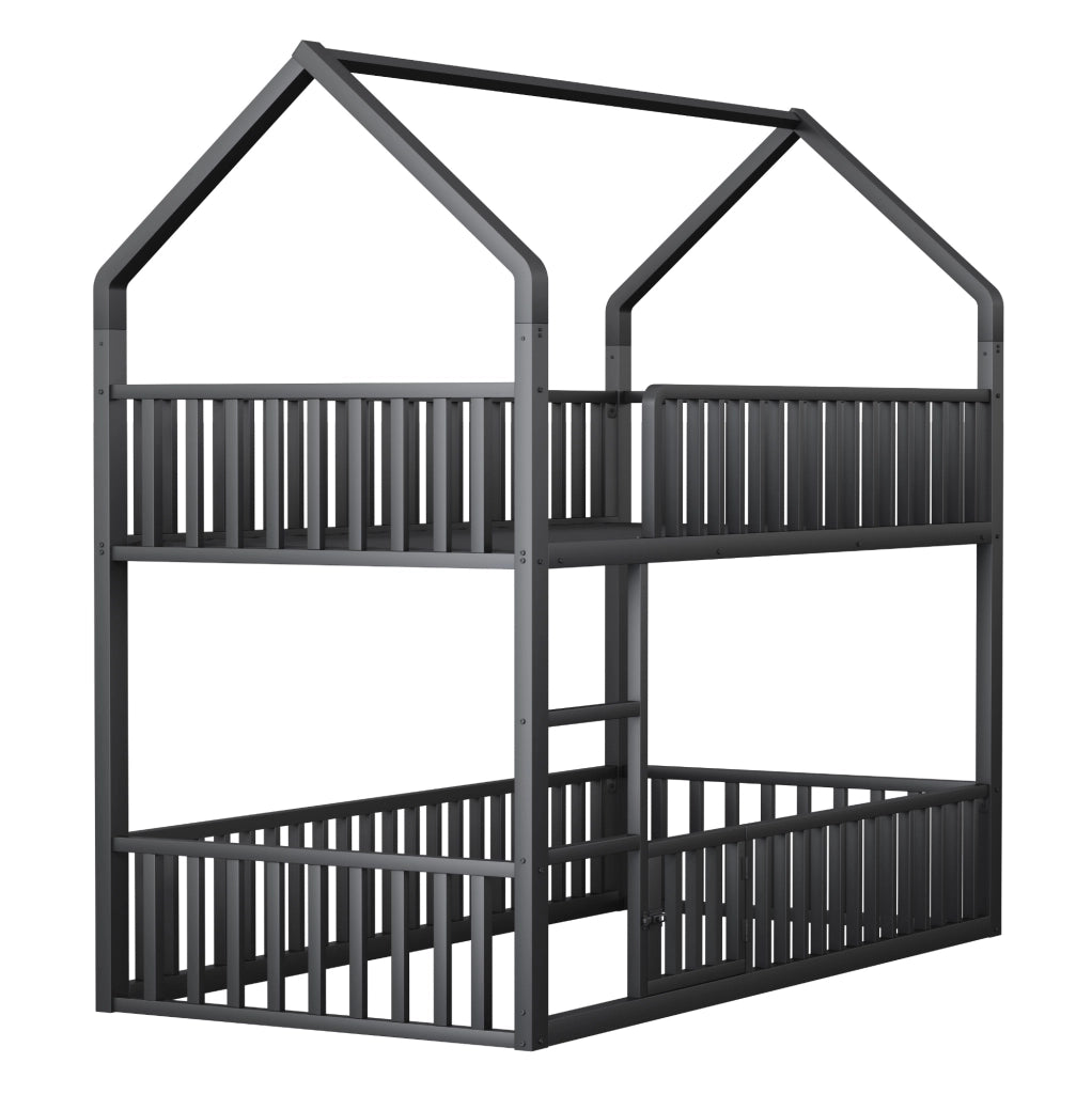Letto a castello in metallo 90x200 con design a casetta e scala frontale
