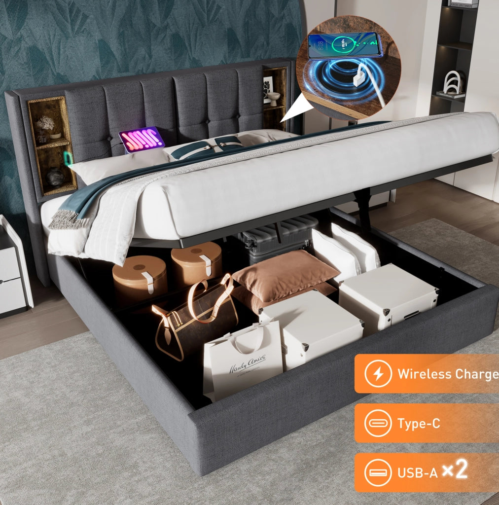 Letto matrimoniale ULEVR 180x200 cm con contenitore, ricarica wireless, 2 USB e Type-C, cotone grigio