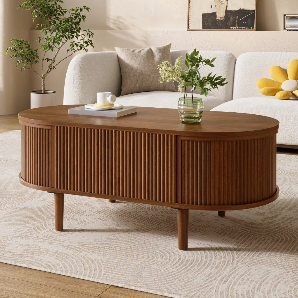 Tavolino da caffè ovale regolabile in altezza 100x48x54;5 cm in MDF; noce