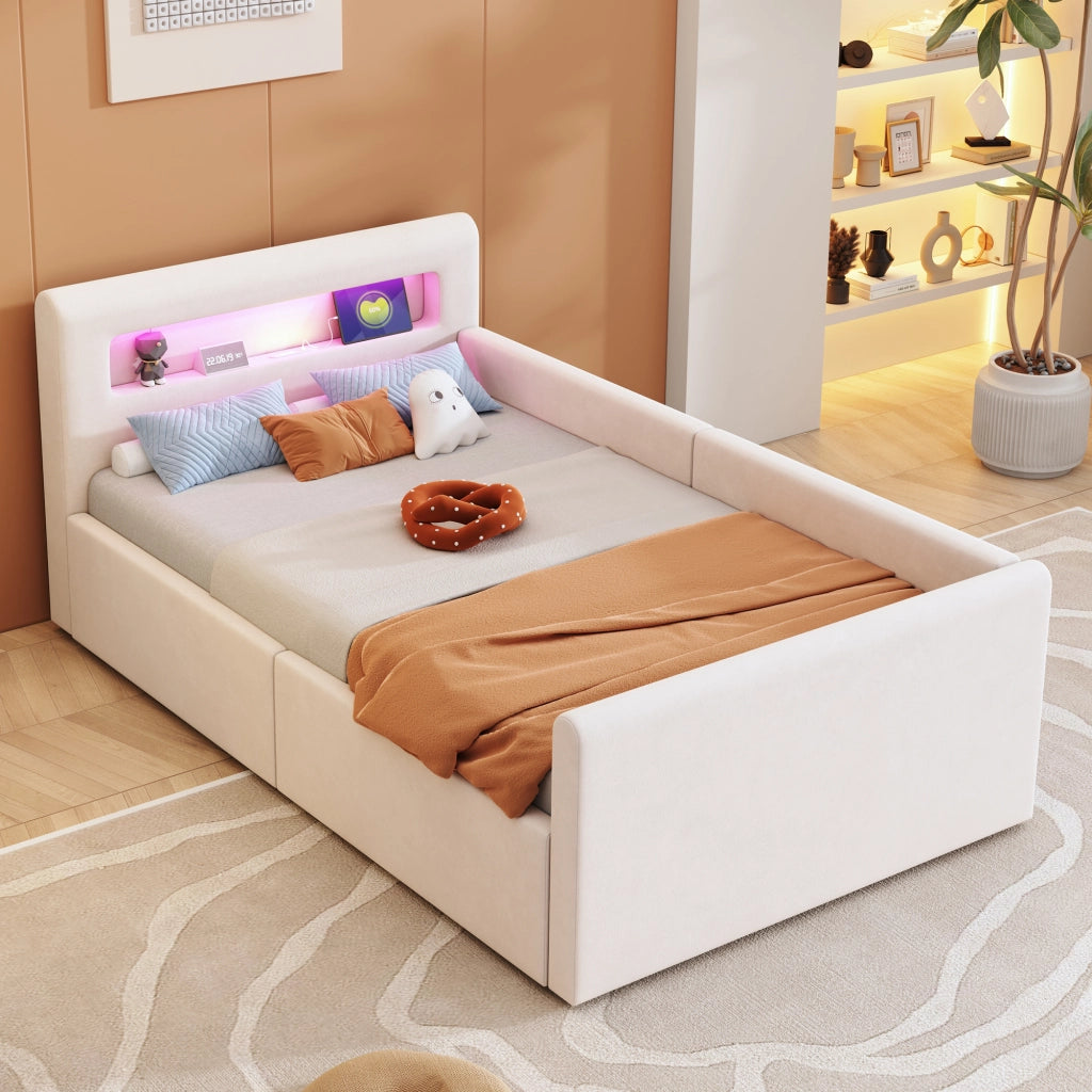 Letto imbottito singolo 90×200 cm con LED; luce notturna; USB e contenitore idraulico; senza materasso; beige