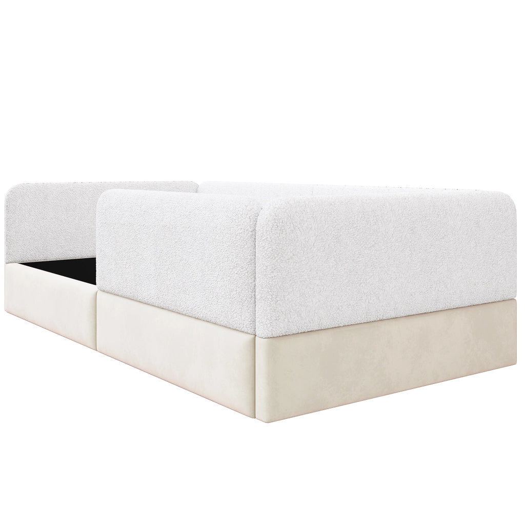 Letto piattaforma imbottito 90x200 cm con spondine e tasche portaoggetti; bianco
