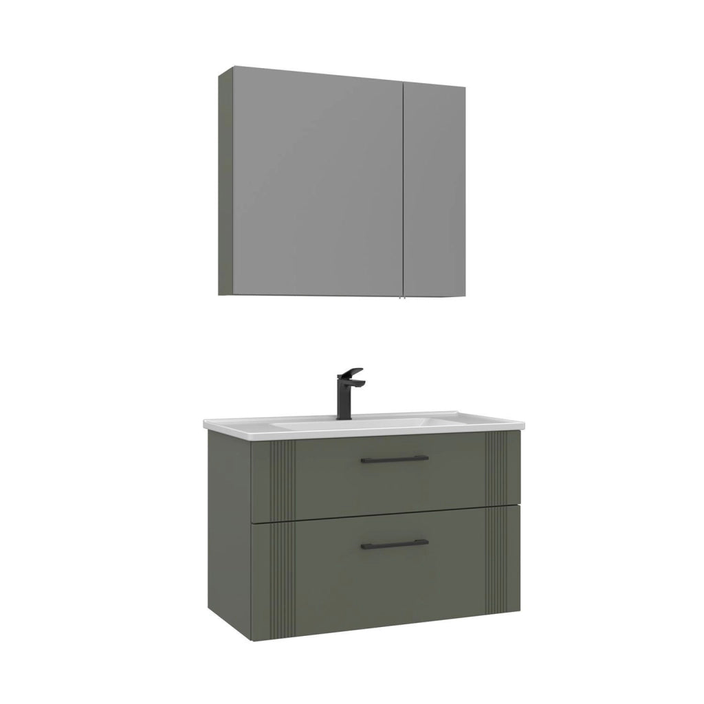 Set mobile lavabo con specchio (2 pezzi) "Bari 85 v2" - 85 x 45 x 55 cm - Verde opaco