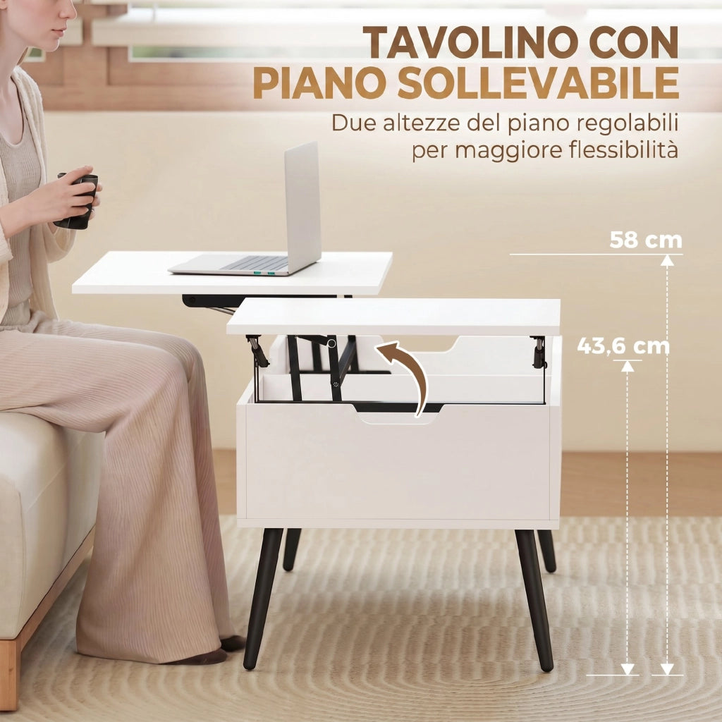 Tavolino da Caffè 100x50x43,6 cm Sollevabile con Piano Doppio e Scomparto Nascosto Bianco