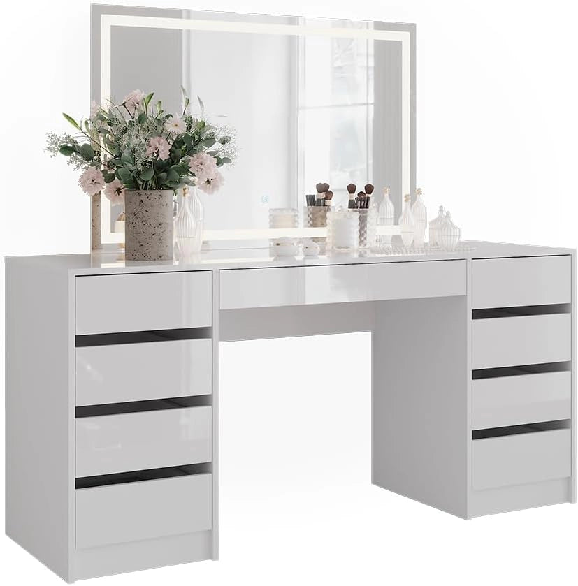 Tavolo da toeletta Sherry, Bianco/bianco lucido, 158.2 cm con specchio LED