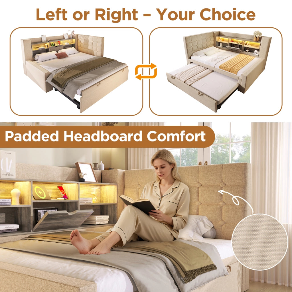 DESMIU Letto estraibile 90 × 200 cm 1 posto con LED, USB e Type-C, senza materasso, beige
