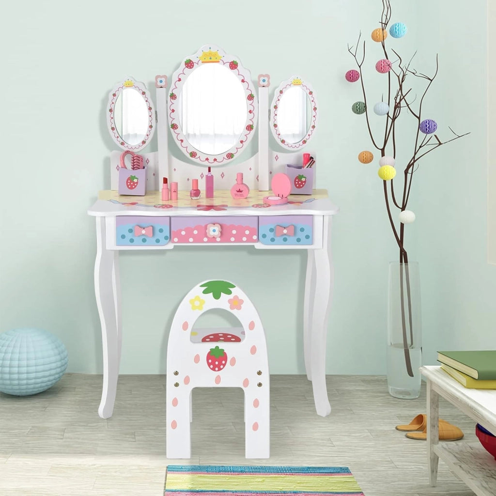 Toeletta Trucco 2 in 1 per Bambina, Specchiera Staccabile con Sedia, 3 Cassetti e 2 Portapenne, Postazione Trucco per Cameretta in Legno, 70 x 34 x 105cm (Bianco)