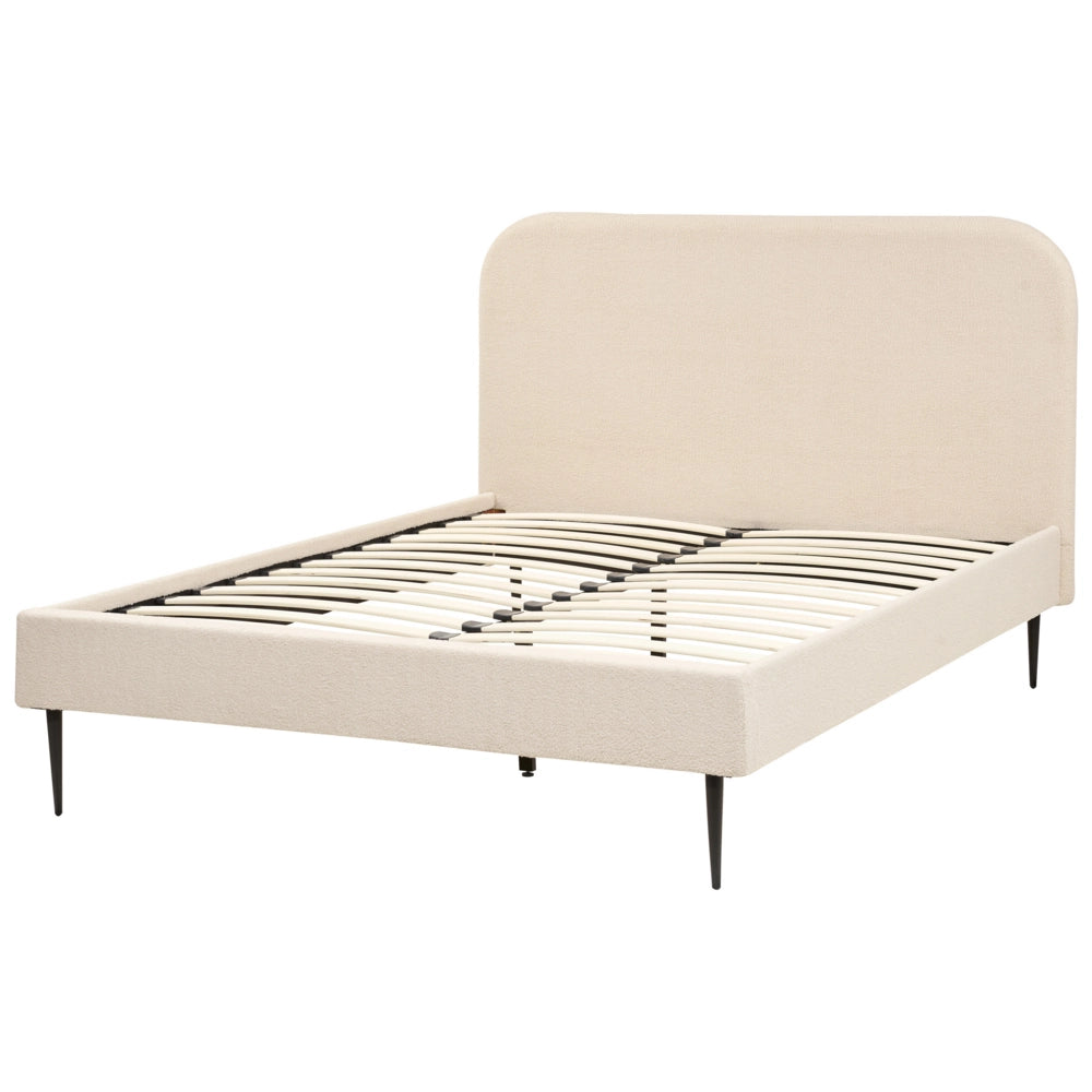 Letto beige bouclè tappezzeria doppia dimensione gambe dorate testiera con rete a doghe 140 x 200 cm design minimalista